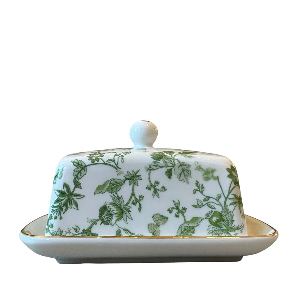 Grace Teaware Green Floral Porcelain Butter Dish with Lid White New